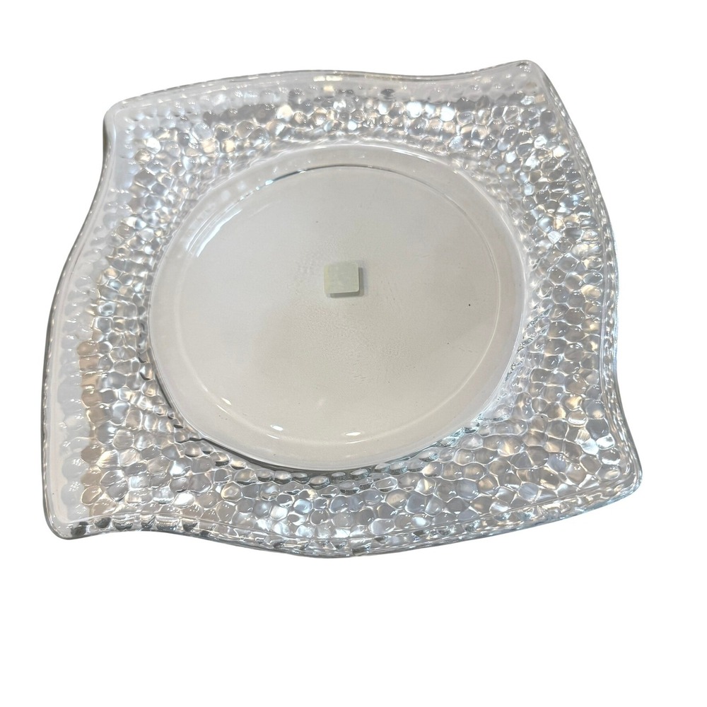 PartyLite Clear Textured Glass 3-Wick‎ Candle Holder Plate Wave Edge Table Decor